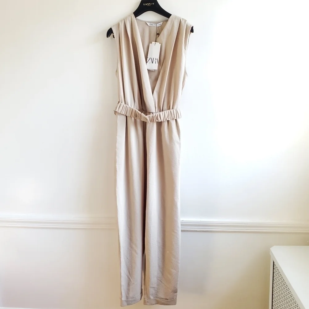 New Zara Textured Linen Blend V-Neck Sleeveless Belted Tan Jumpsuit NWT Size M